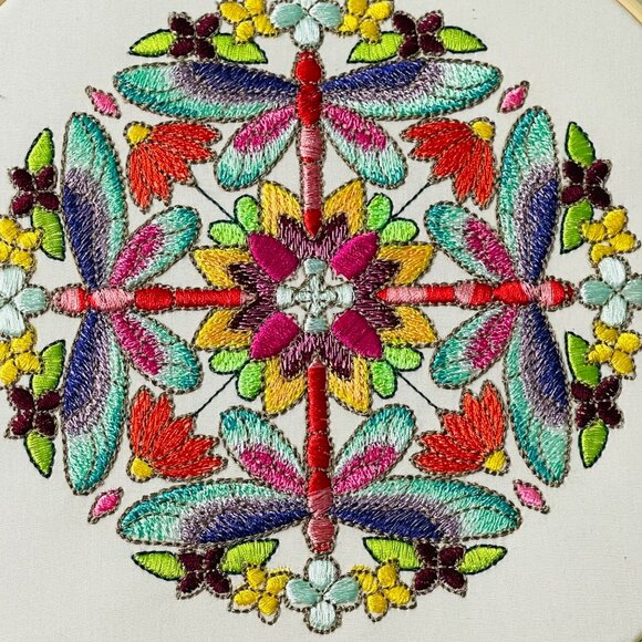 Dragonfly Art Wall Hanging Embroidered Hoop Framed 8" Set of 2 Handmade New - Picture 3 of 11